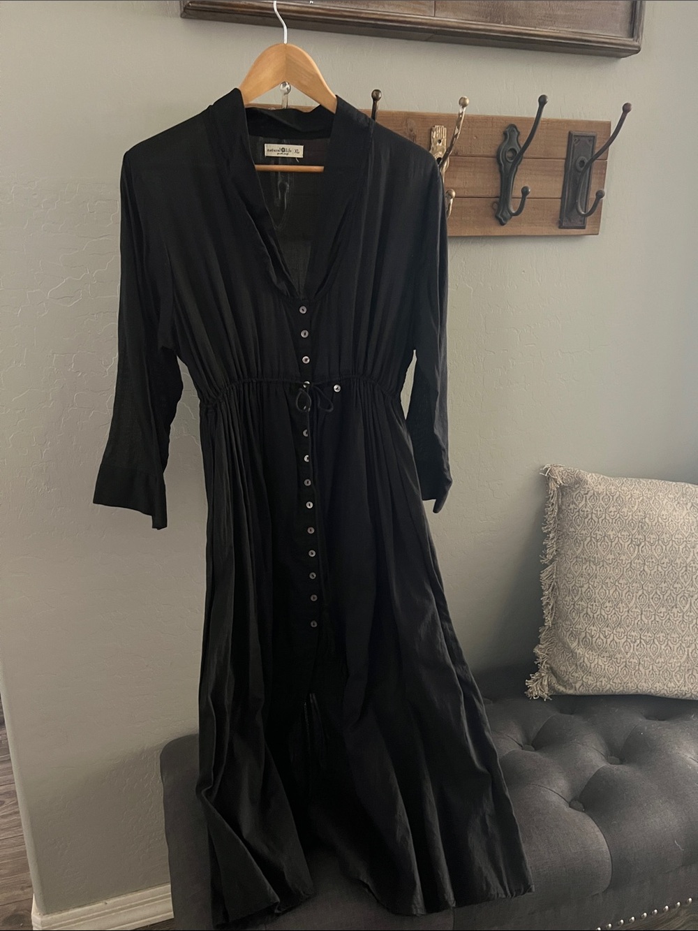 NATURAL LIFE Black Button-Front Maxi Dress with Drawstring Waist